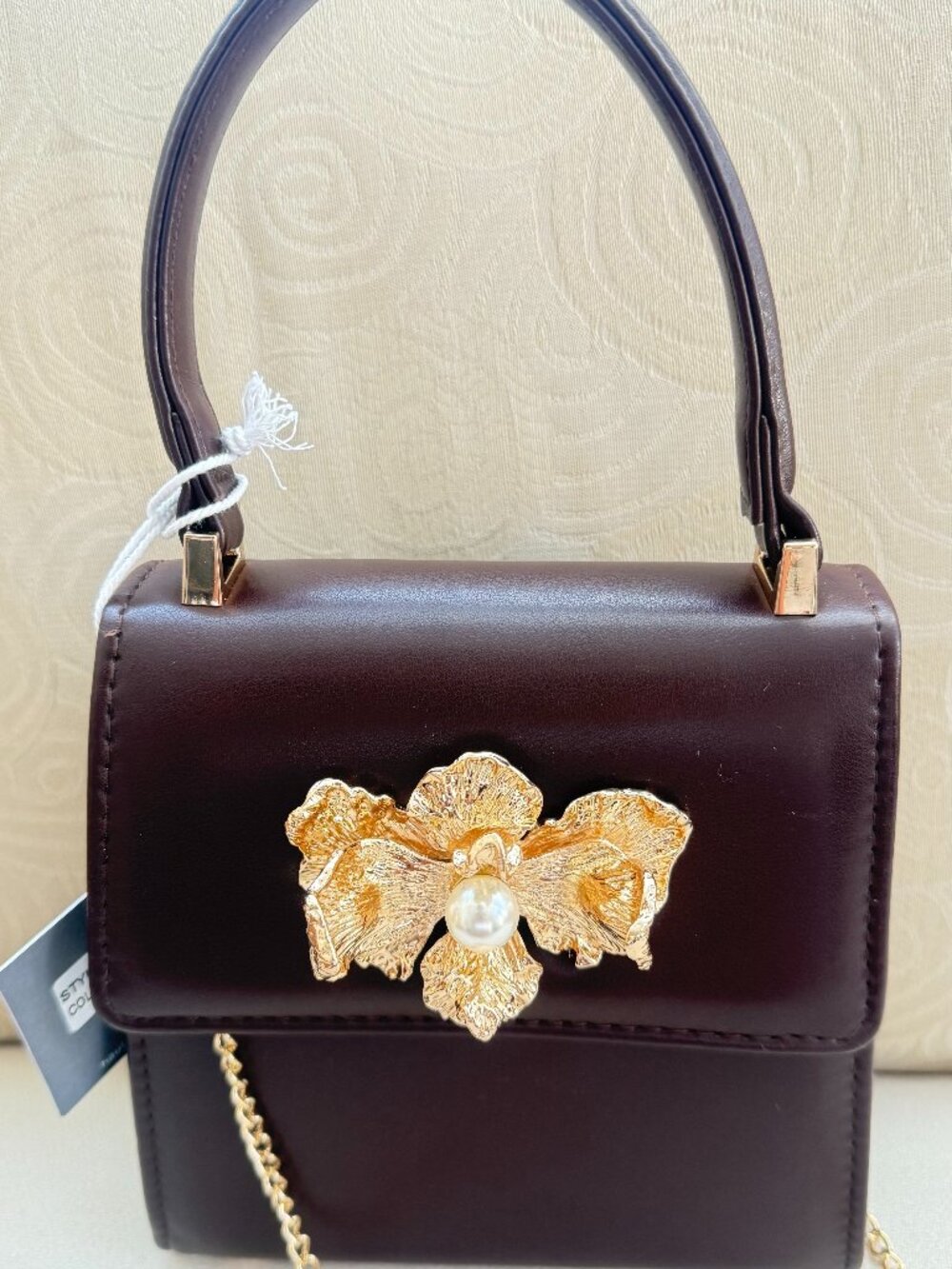 HAUTE HIPPIE BROWN MINI TOP HANDLE CROSSBODY BAG W GOLD TONE FLORAL EMB